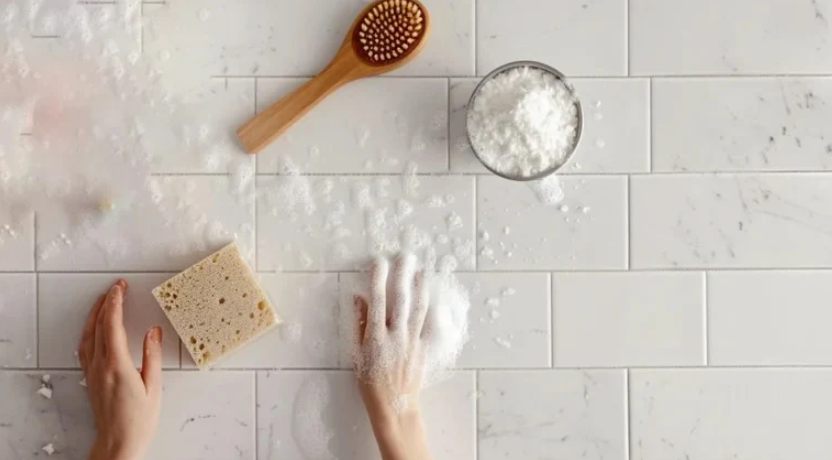 Cleaning shower tiles with vinegar and baking soda3